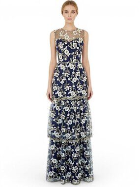 Lotus Threads Navy Gold Lace Floral Embroidered Tiered Dress Gown NWT New 6
